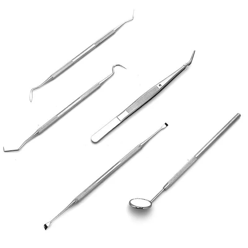 Stainless steel dental tools set with oral mirror in 5 pieces for home tooth care cleaning
