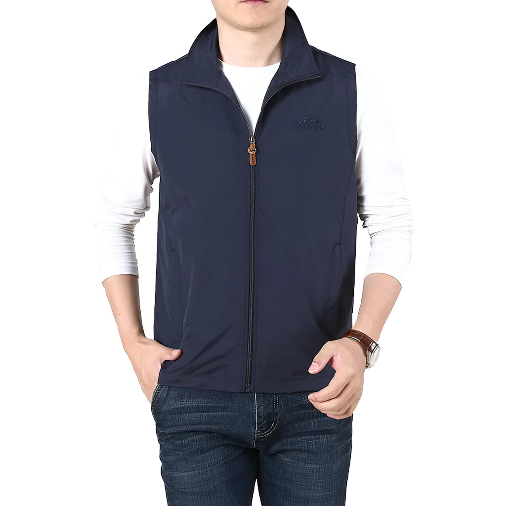 Men's loose fit casual vest in khaki with side seam pockets.