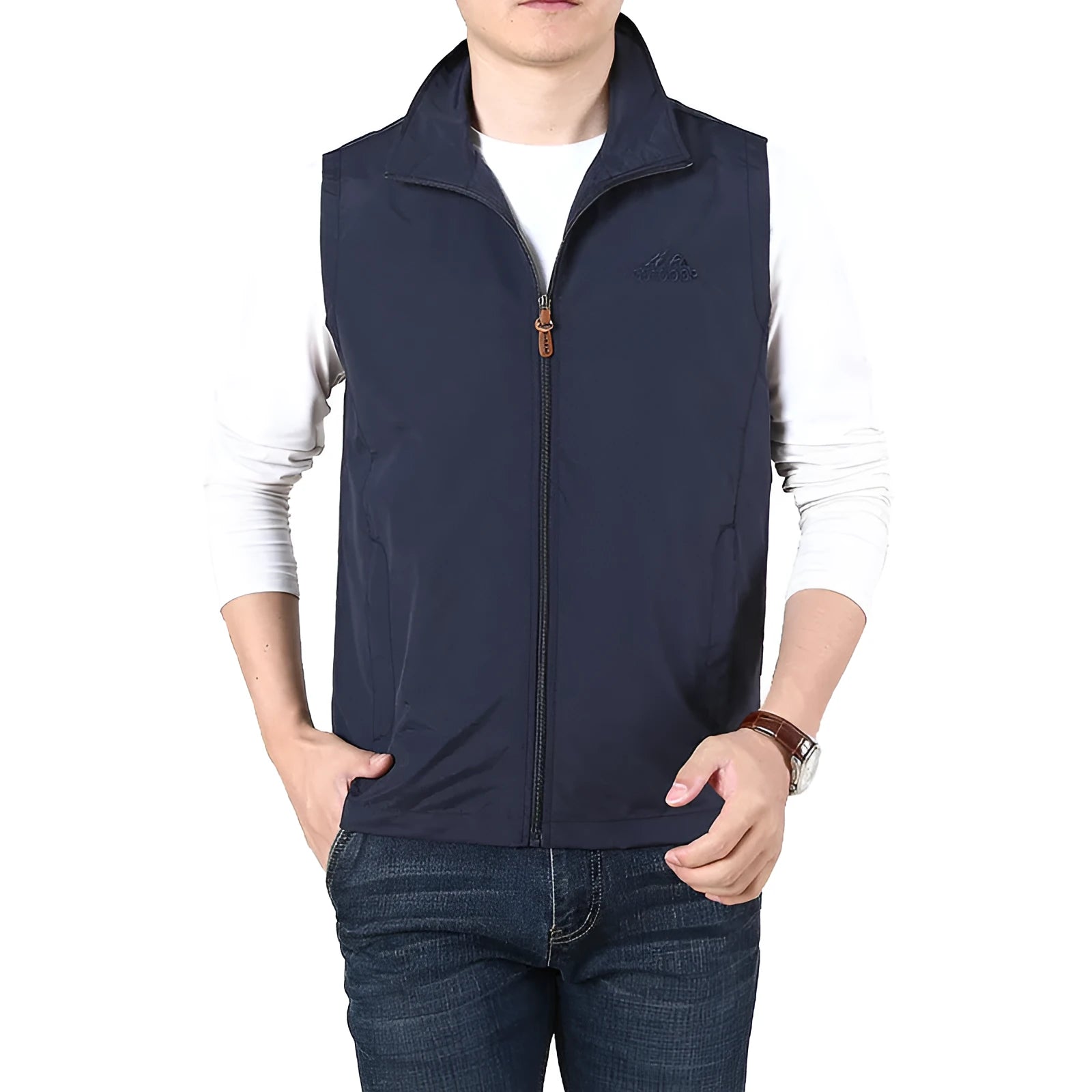 Men's loose fit casual vest in khaki with side seam pockets.