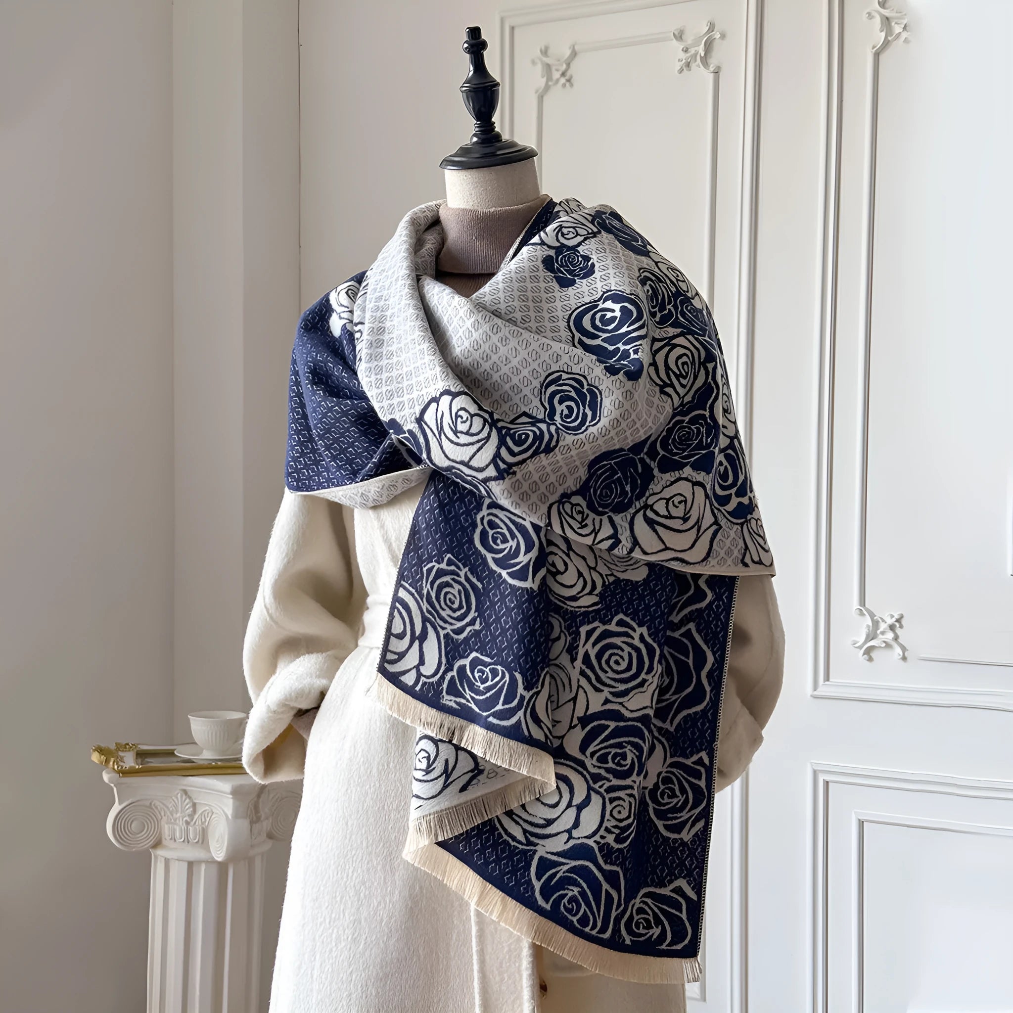 Mid-length 185x65cm imitation cashmere scarf with tassels in grey, black, blue, or khaki colours