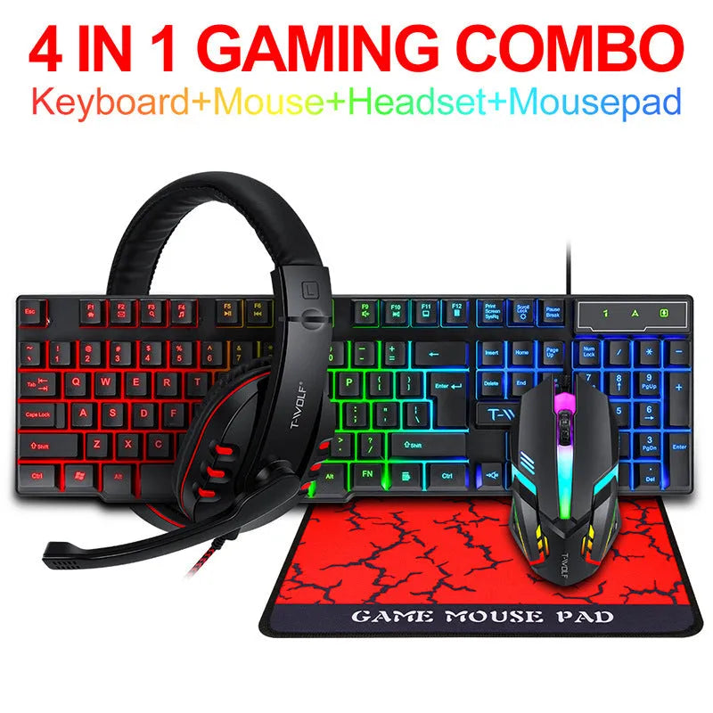 Thunder Wolf wired USB gaming bundle with keyboard, mouse, headset and mouse pad set