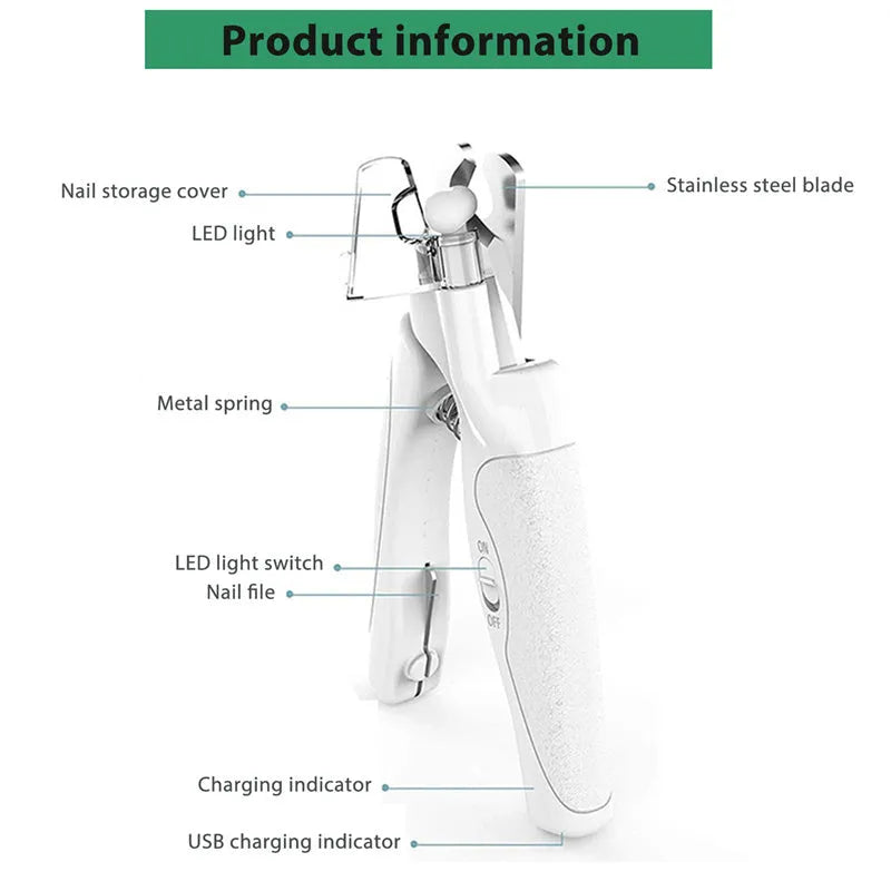 Pet nail clipper with LED light, stainless steel blades, nail file, nail collector and non-slip handle in white, pink, green or yellow