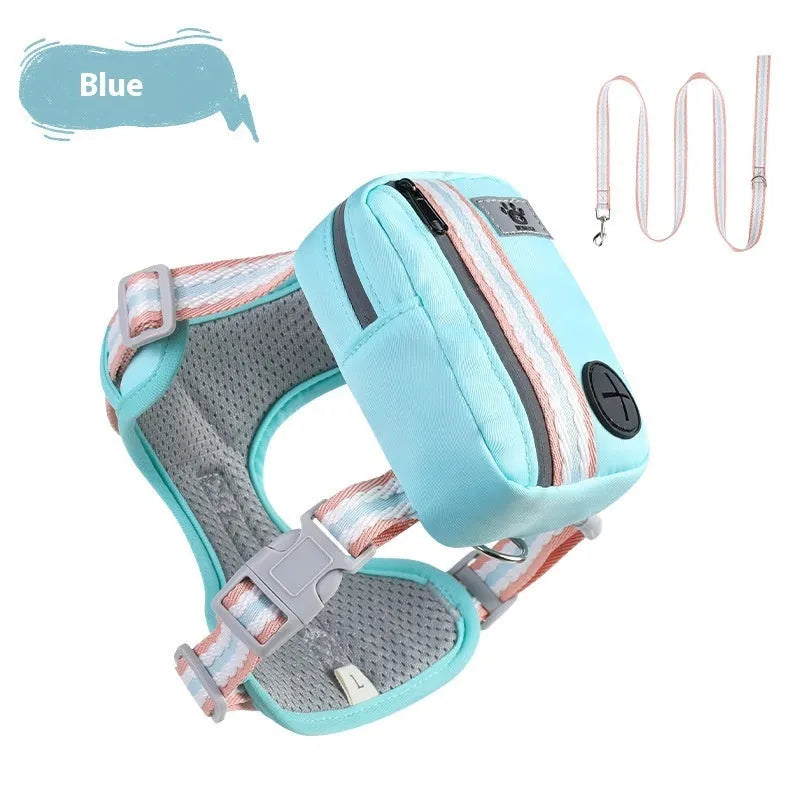 Pink anti-strangulation dog harness with 1.5m lead, showing chest strap and quick-release buckle on a dog.
