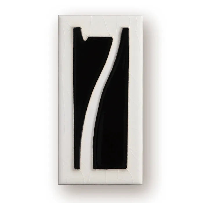 Handmade retro-style ceramic doorplate with an enamel art number on a white background.