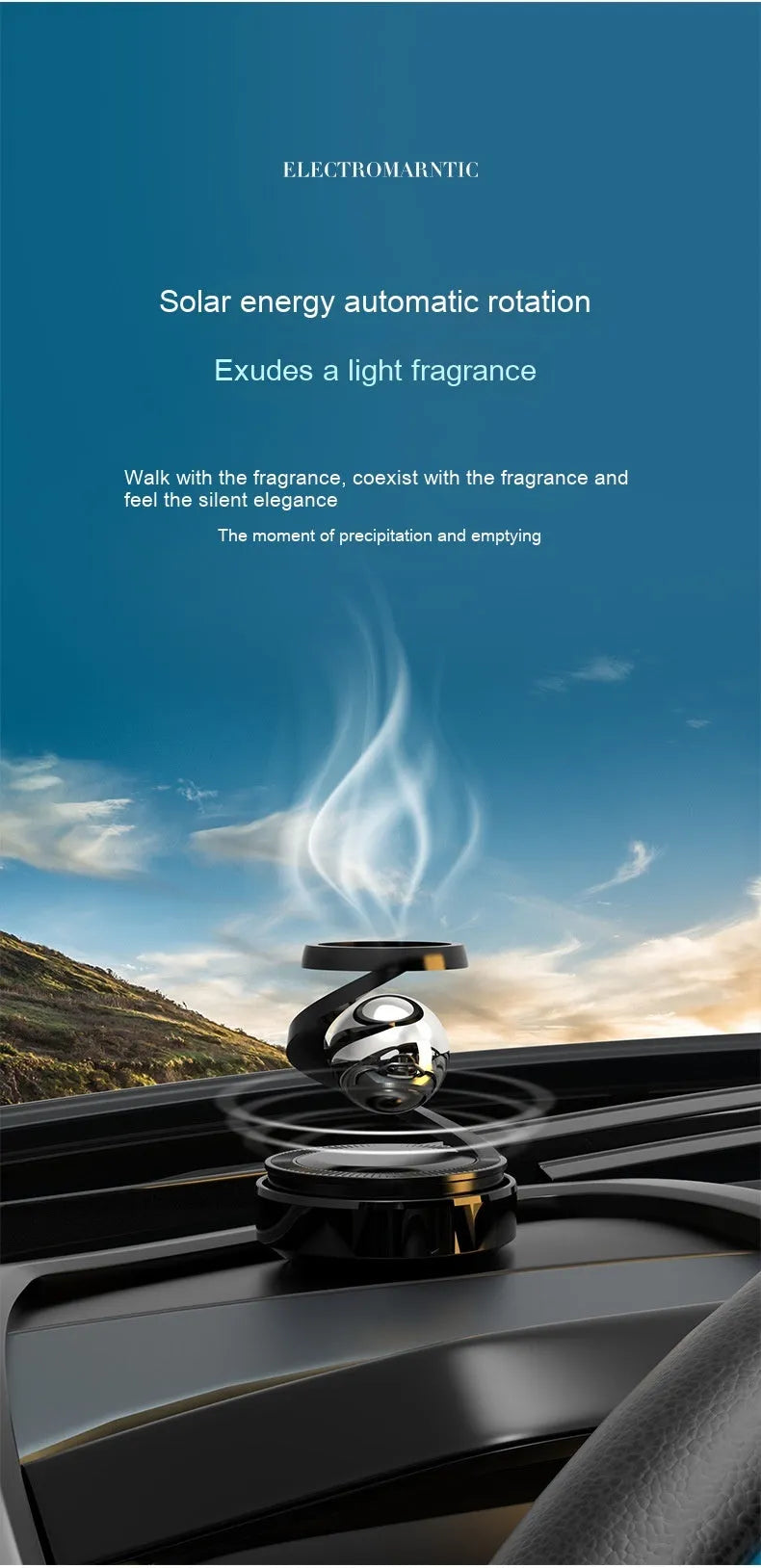 Solar-powered car air freshener decoration unit on a car dashboard