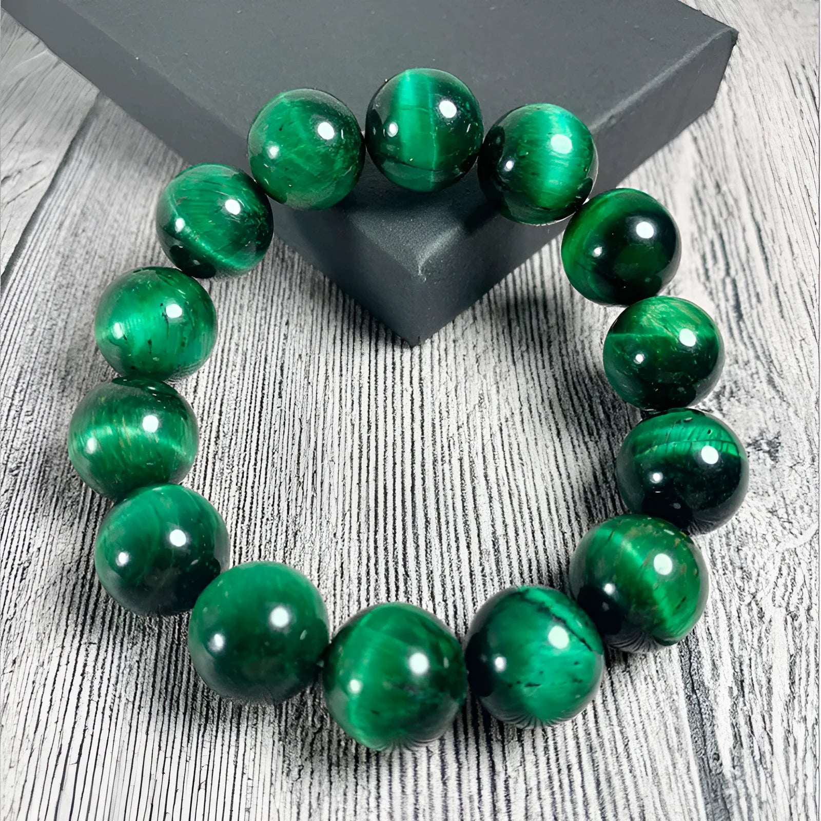 Green Tiger Eye stone bracelet with polished geometric beads in various sizes