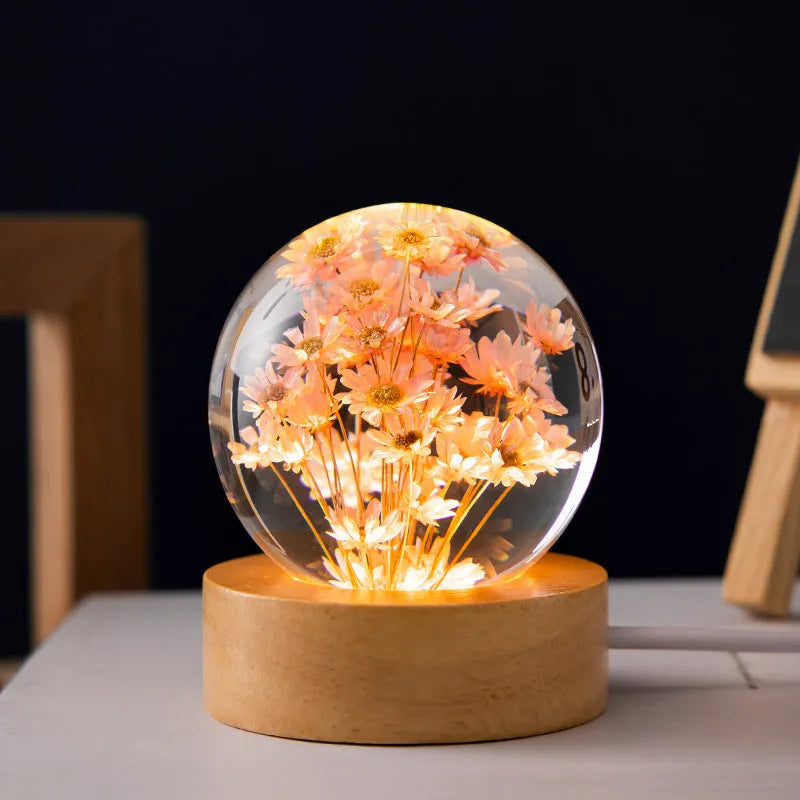Beech wood base crystal ball lamp with preserved dandelion flowers inside 6cm sphere