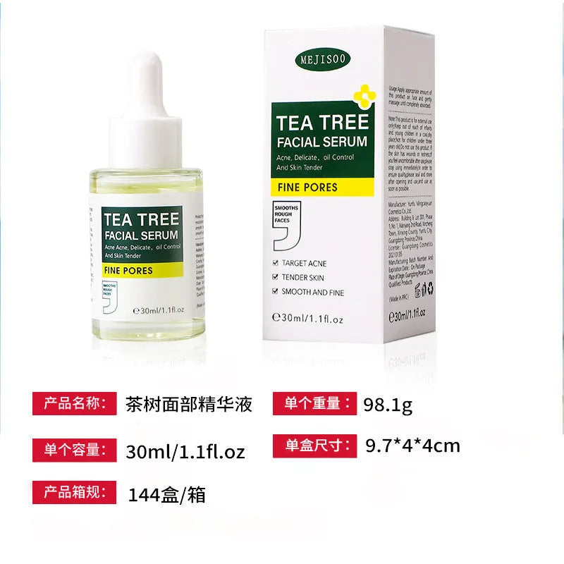 30ml tea tree facial serum in a bottle with a dropper, suitable for neutral oily dry mixed skin types
