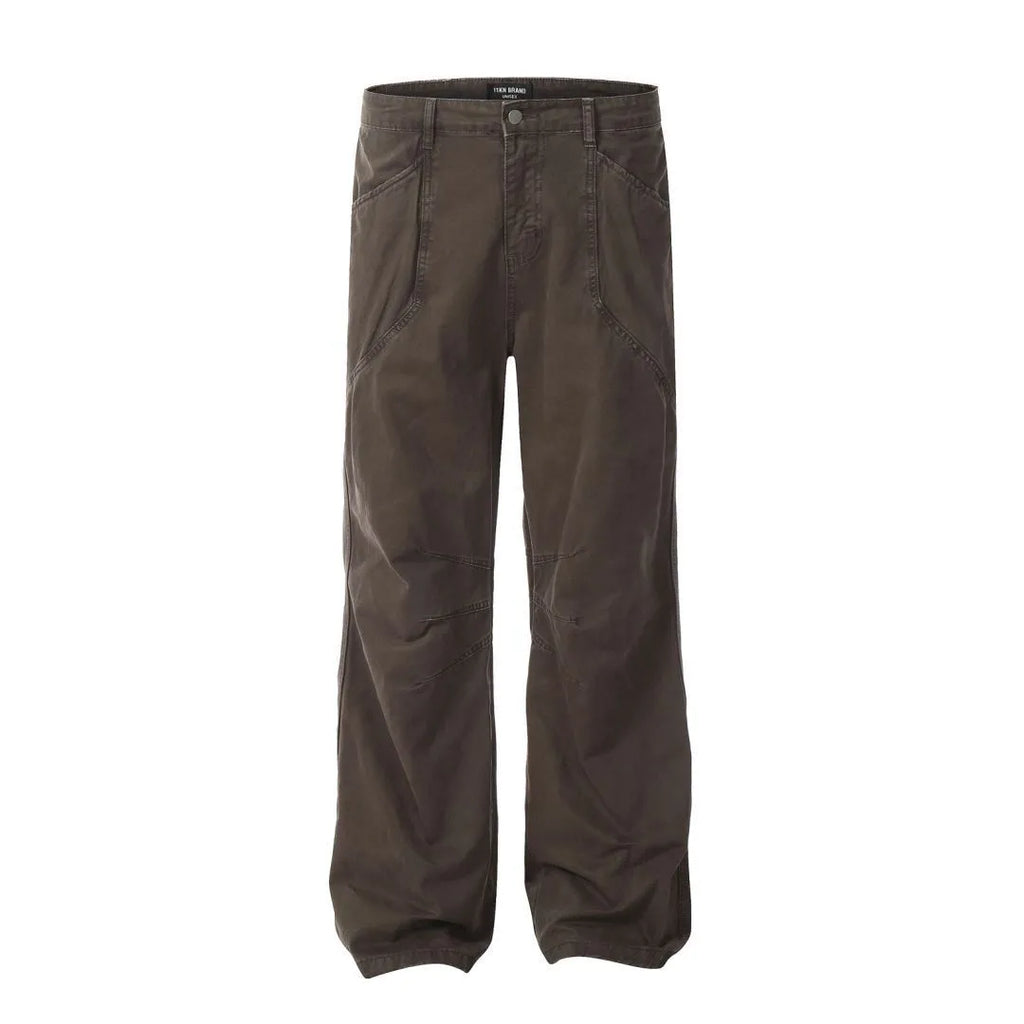 Men's brown loose straight leg cotton trousers with high waist and zipper fly