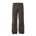 Men's brown loose straight leg cotton trousers with high waist and zipper fly