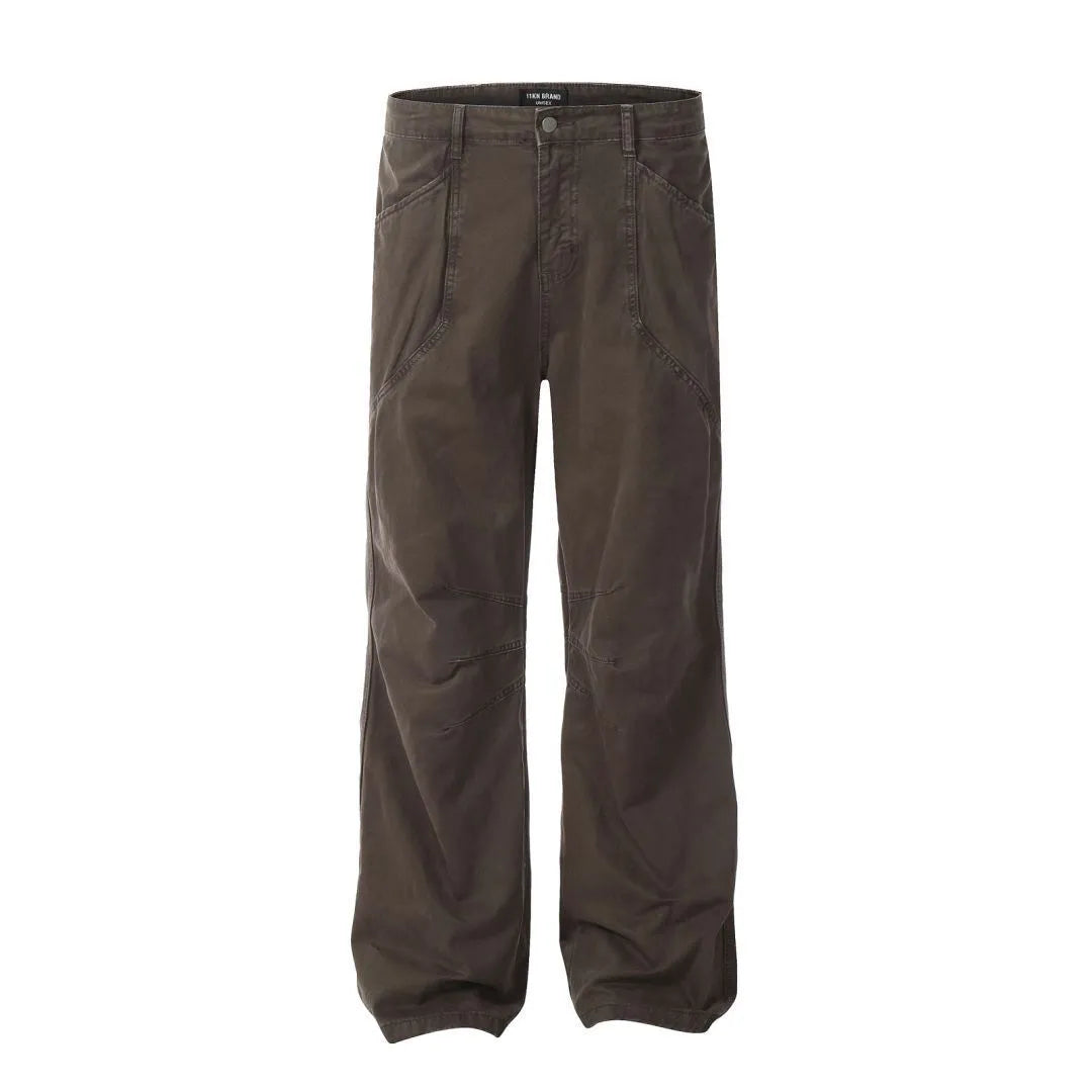 Men's brown loose straight leg cotton trousers with high waist and zipper fly