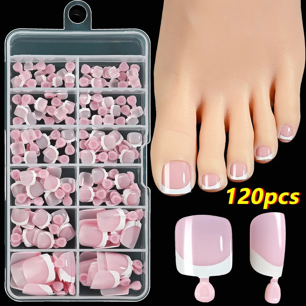 120 French white edge toenail pieces in nine nude shades, short square shape