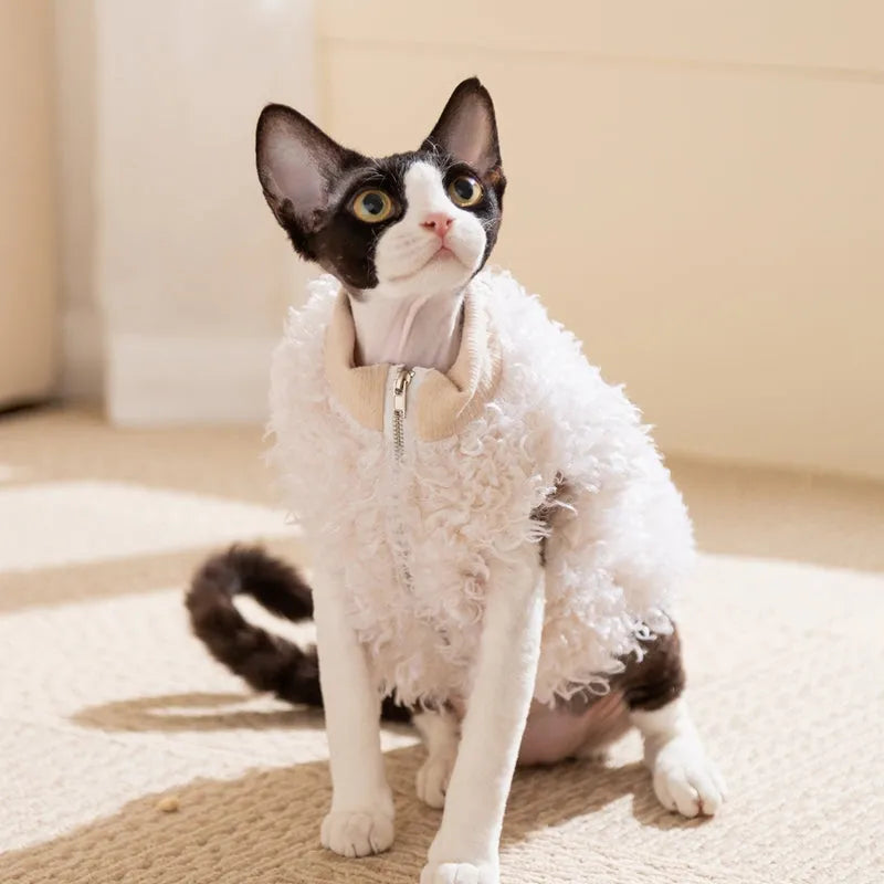 White fluffy lamb wool pet vest with 3D panda patch and "You Shine" tag for small cats and dogs.