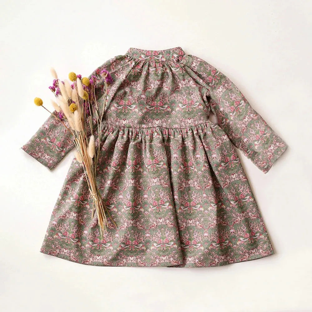 Spring Autumn Korean Style Children's Cotton Linen Printed Dress Long Sleeve Girls Pastoral Dress Suitable Height 80cm 90cm 100cm 110cm 120cm