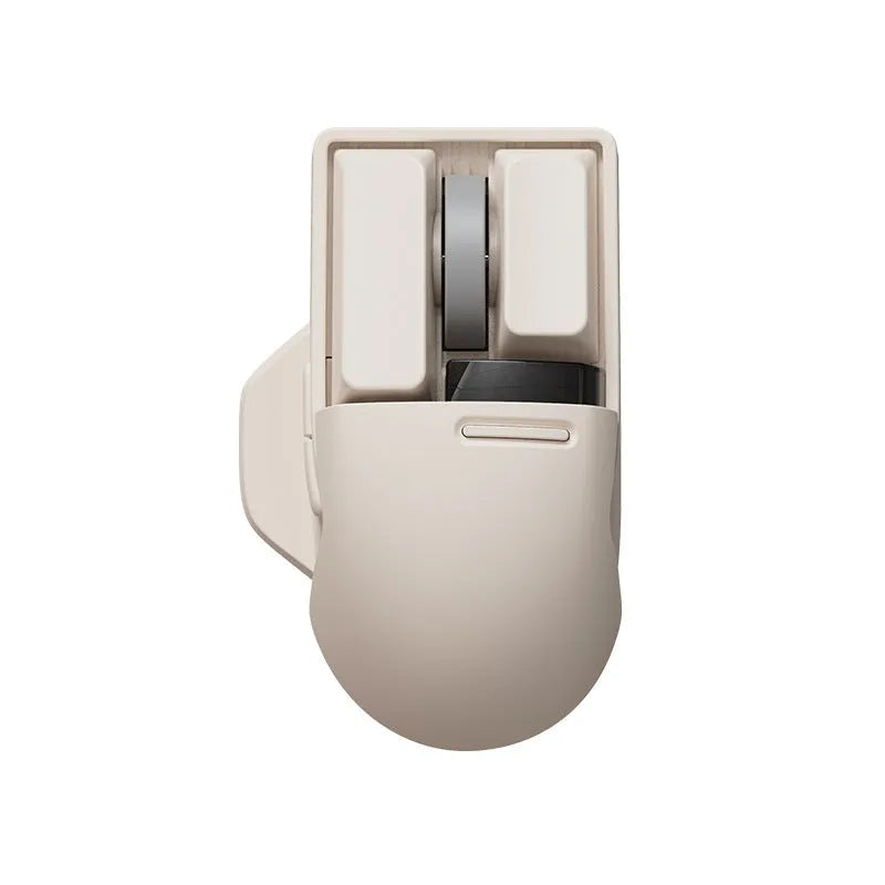 Xiaoqiao tofu-coloured wireless mouse with Type-C cable and USB receiver on a desk.