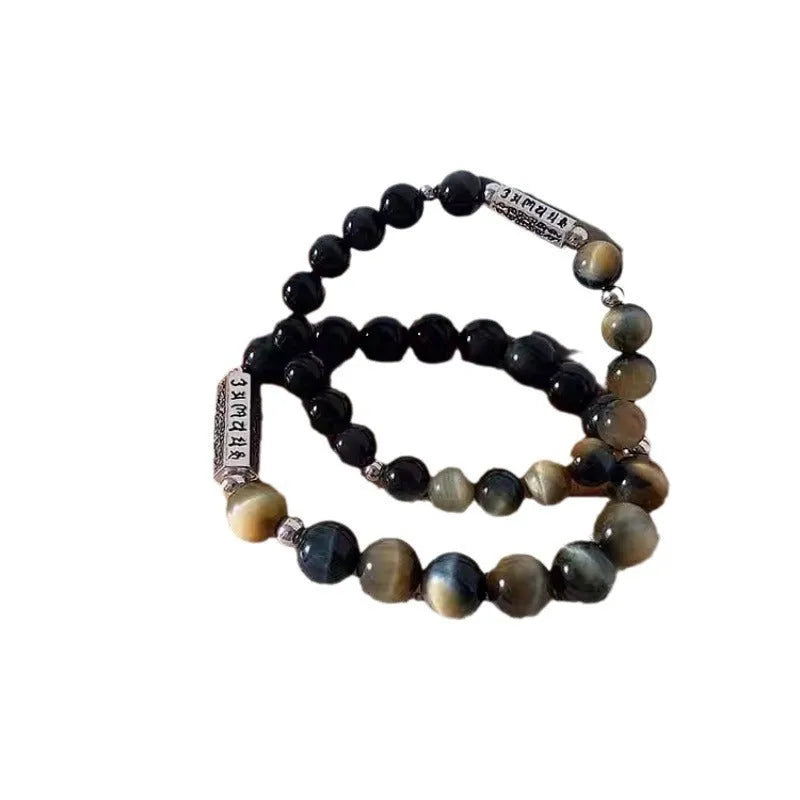 Tigereye Obsidian S925 sterling silver Six Words Mantra couple bracelet with geometric Chinese-style design