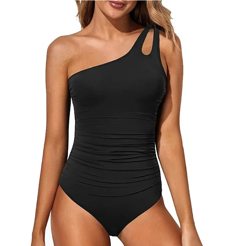 Women's solid colour bikini swimsuit on a mannequin, showing shoulder straps and available in multiple colours.