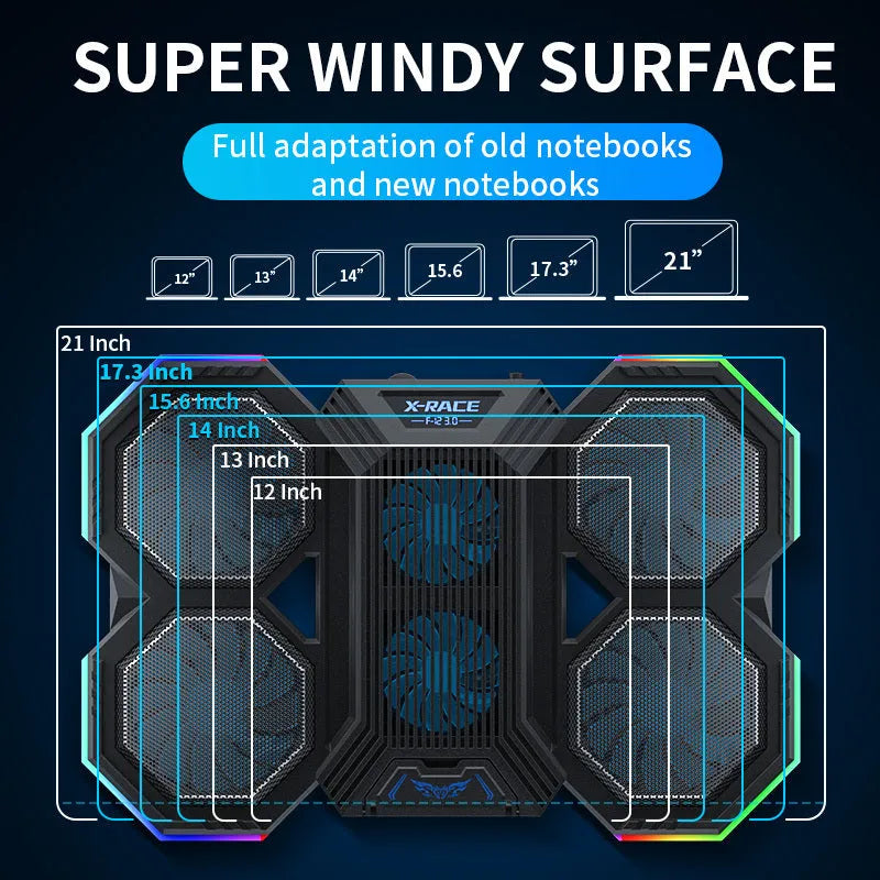 Laptop cooling pad with six fans, RGB lighting, and seven height adjustments for 12-21 inch notebooks