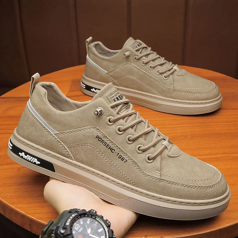 Men's waterproof casual shoes in khaki colour with round toe and low-top design