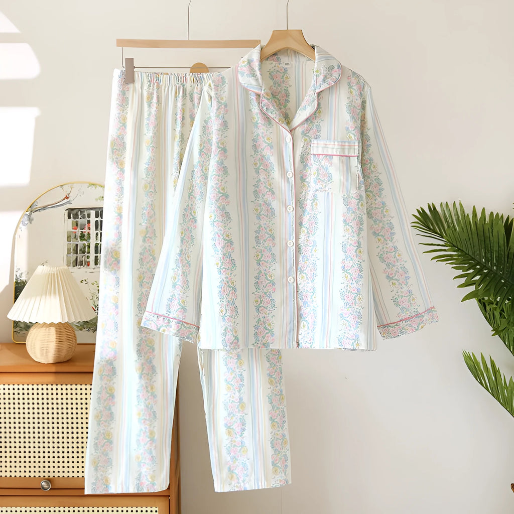 Ladies cotton gauze long sleeve top and trousers homewear set in colour stripes pattern