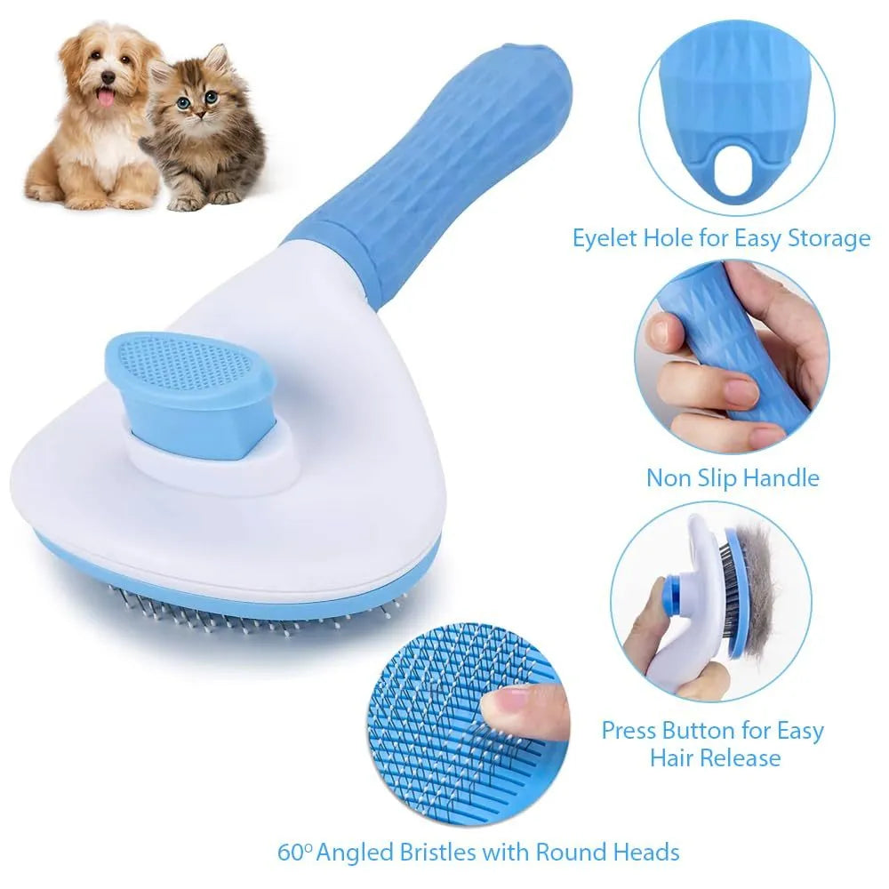 Blue cat grooming brush with a release button and fine wire bristles for removing pet hair.