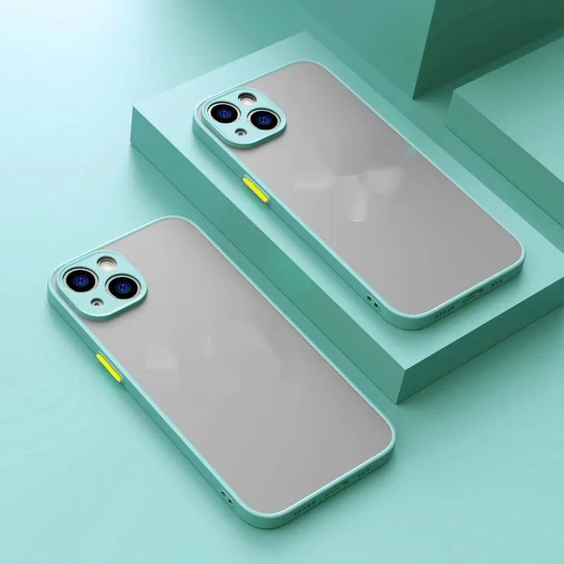 Frosted skin magnetic suction iPhone case in multiple colours on a table