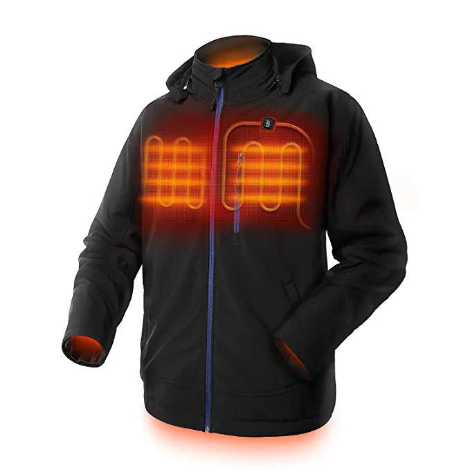Black men's long sleeve winter coat with a zippered pocket on a hanger.