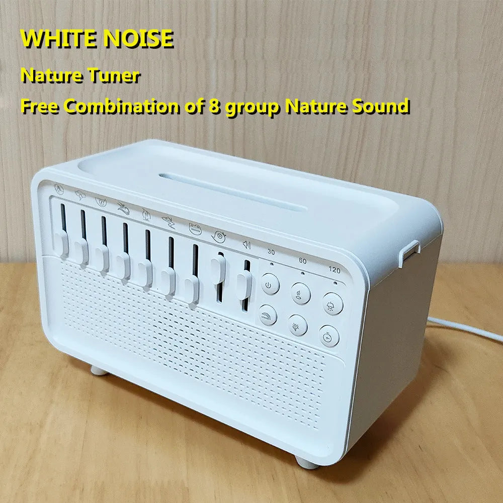 White geometric 3-in-1 Bluetooth speaker, white noise machine, humidifier, and night light unit on a surface