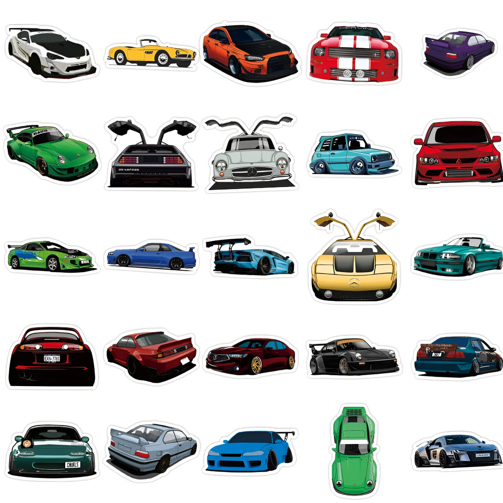 50 modified racing car graffiti stickers, 5-8cm adhesive decals for luggage and laptop decoration