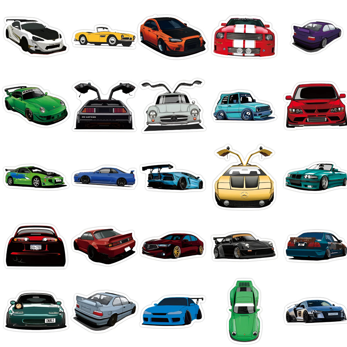 50 modified racing car graffiti stickers, 5-8cm adhesive decals for luggage and laptop decoration