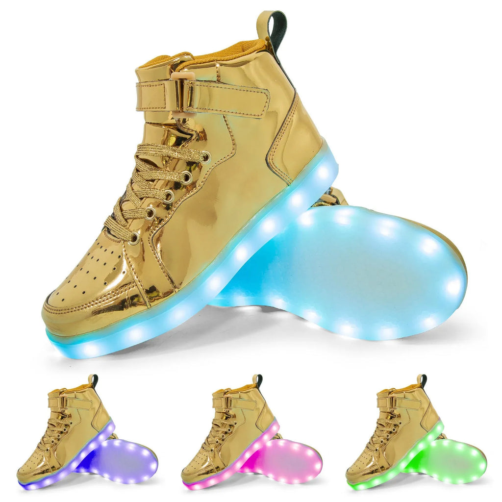Unisex black high-top LED light-up shoes with velcro straps and glowing soles.