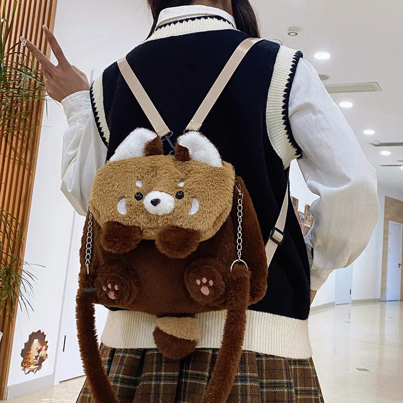 Brown coati plush backpack with polyester lining, 26cm high, 27cm wide and 10cm thick, cartoon soft bag