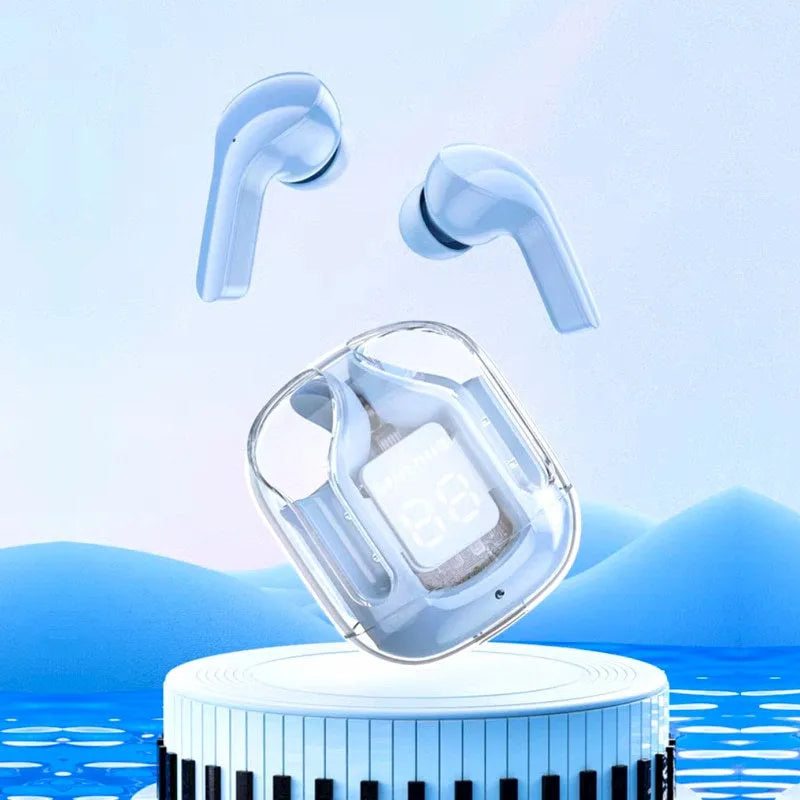 Transparent space capsule case containing true wireless Bluetooth earphones in various colours.
