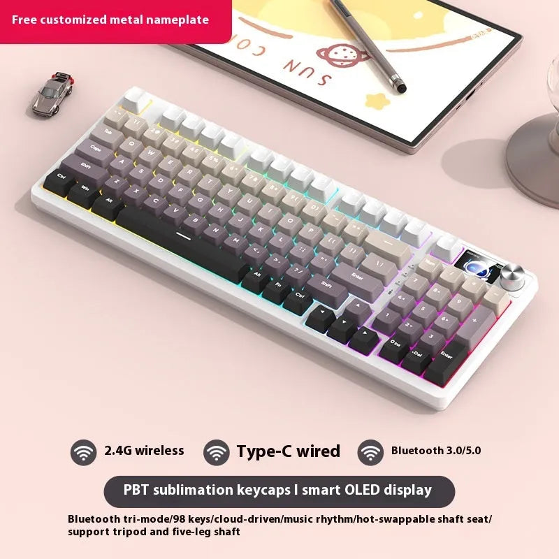 98-key wireless Bluetooth mechanical keyboard kit with metal knob on desk