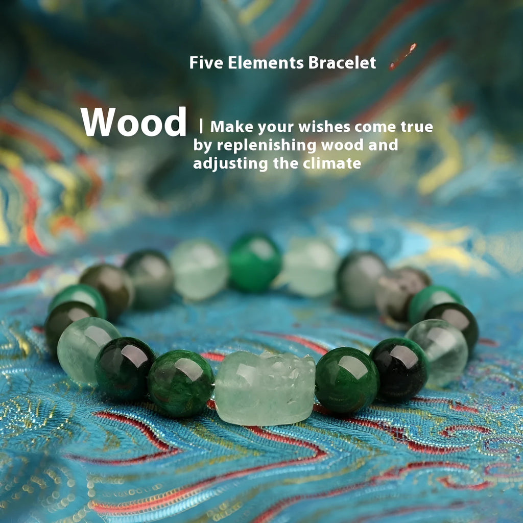 Five Elements crystal bracelet with green strawberry quartz beads in 10mm size, auspicious patterns, on white background