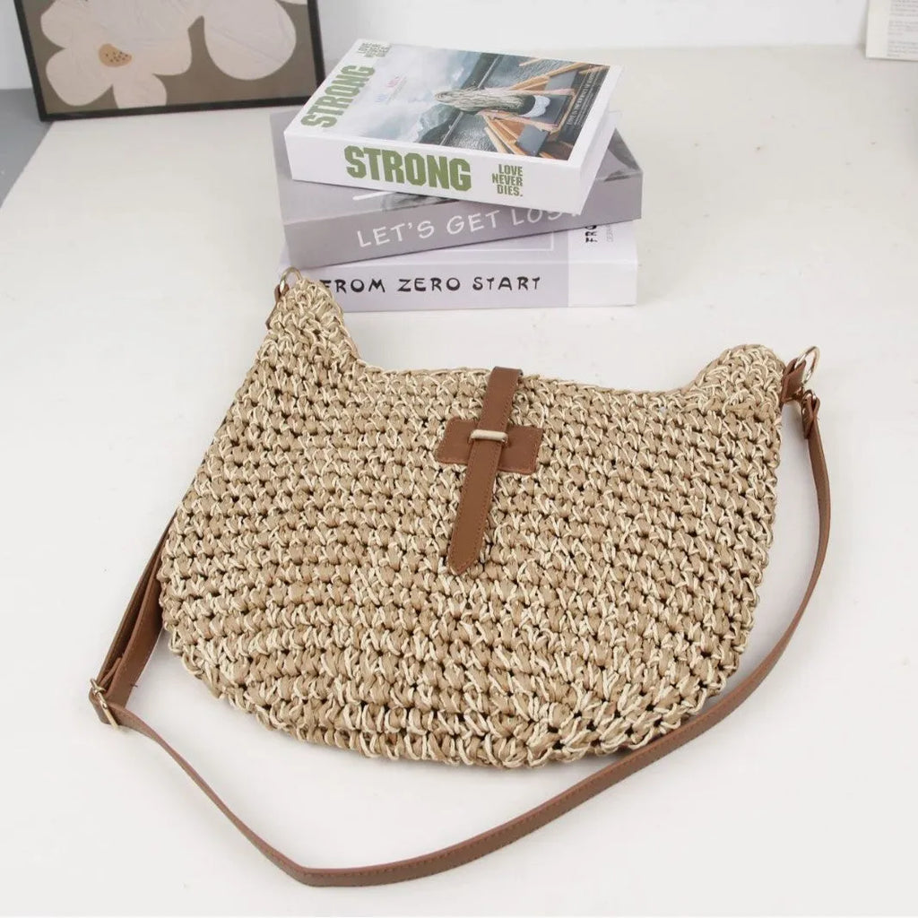 Beige handmade woven shoulder bag with sewing thread details and sandwich pocket
