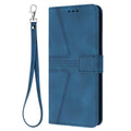Flip card leather case for Samsung S24 Ultra in blue with embossed geometric lines and short hand strap