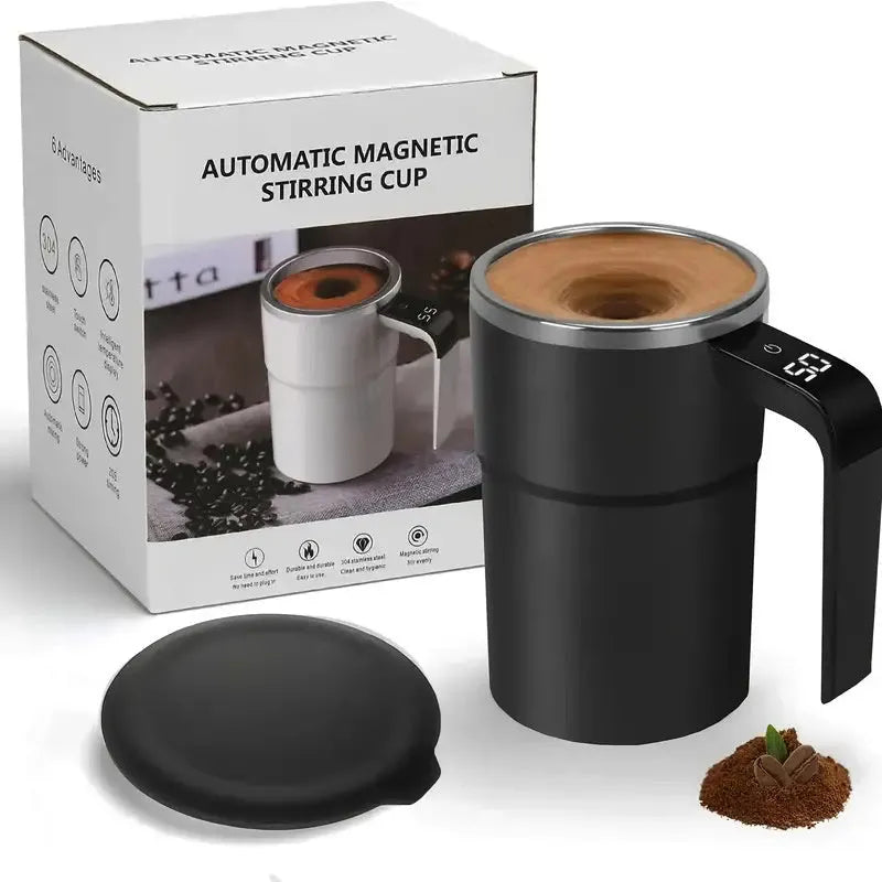 White automatic electric stirring cup with LCD screen and USB charging cable.