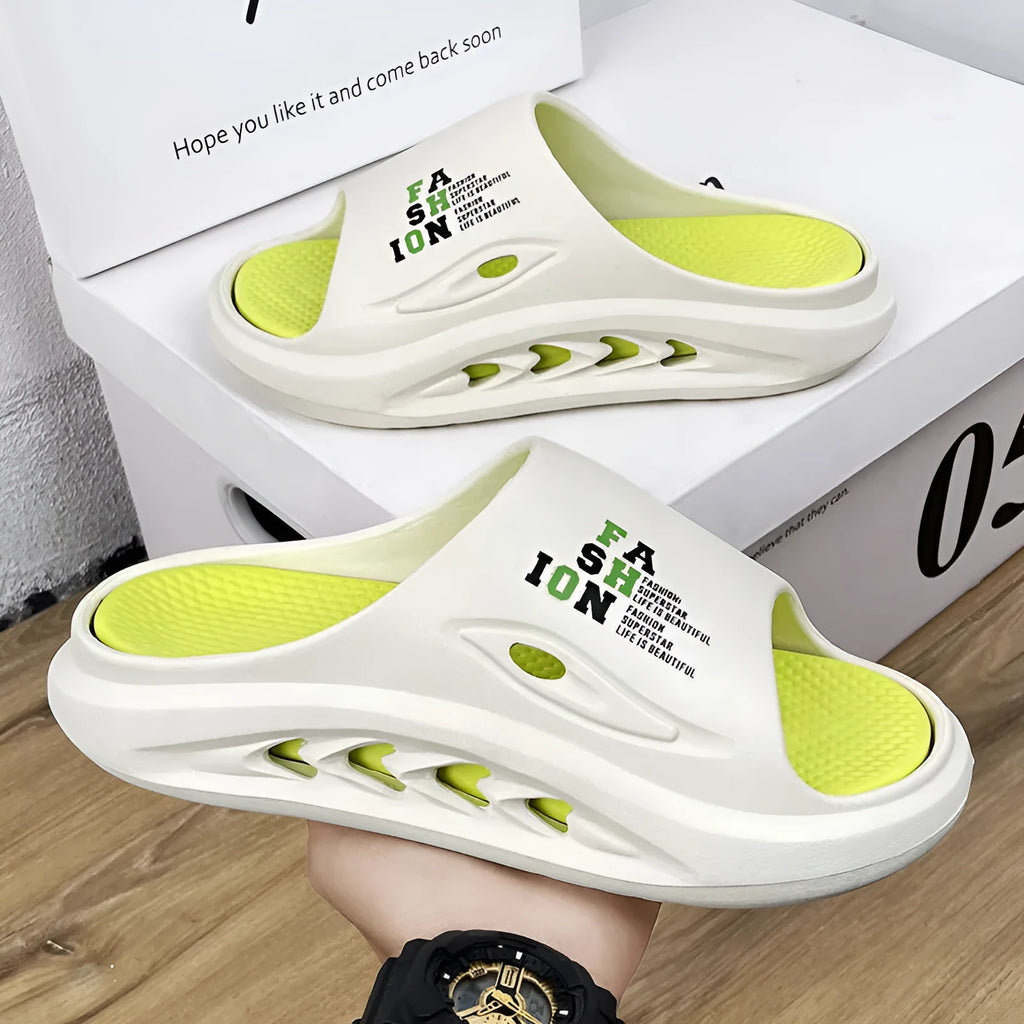 Men's white and green EVA sports slippers with a thick colour-blocked sole.