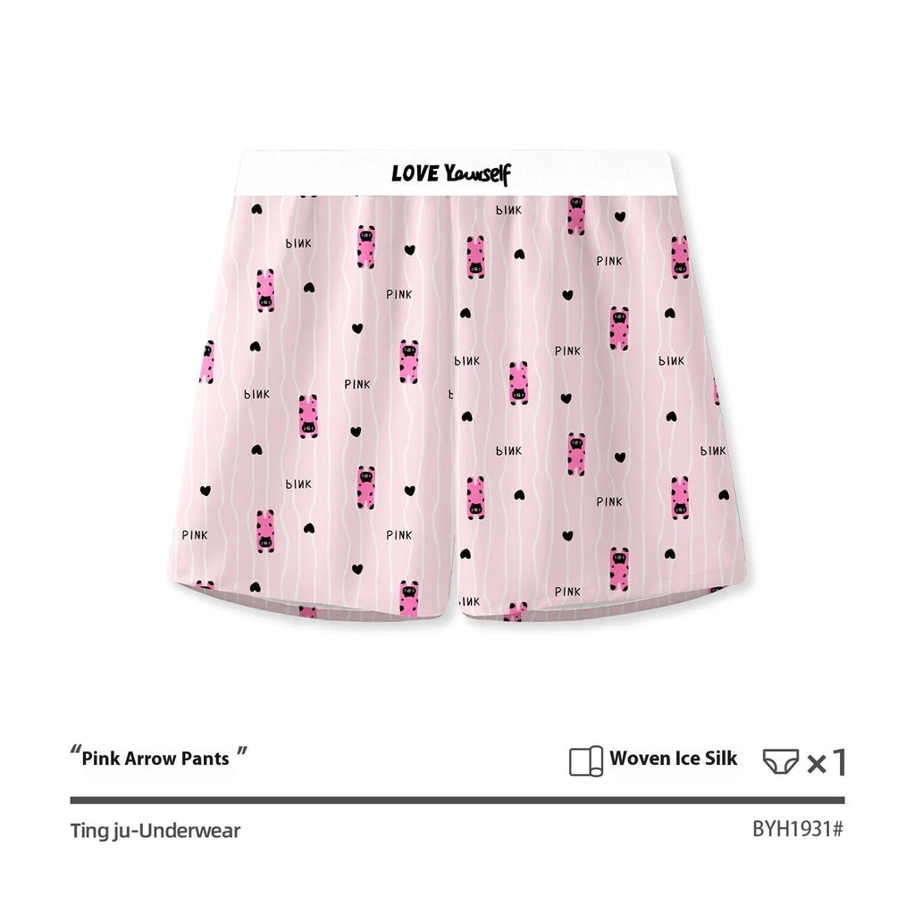 Men's leopard print loose woven boxer briefs in Ice Silk fabric on a neutral background.
