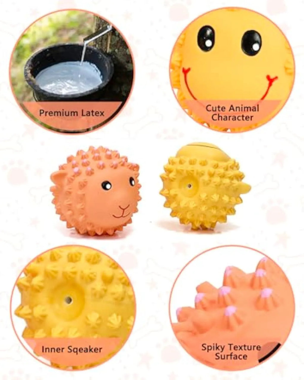 Orange and yellow spiky latex squeaky dog toy for small medium breeds.
