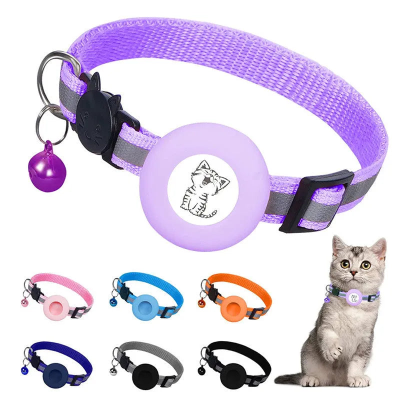 Striped polyester AirTag pet collar with reflective stripes and bell in black, orange, sky blue, pink, dark blue or purple