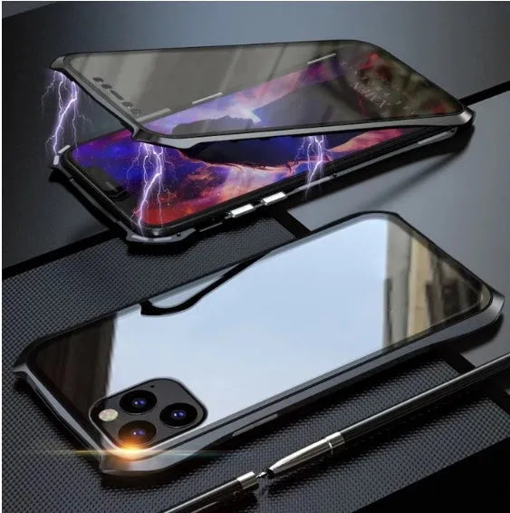 Magnetic glass back cover case for iPhone 11 series in black, blue, red, and silver colours with metal frame