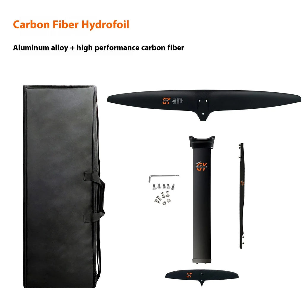 Black carbon fibre hydrofoil surfboard with aluminium mast and large front wing for racing.