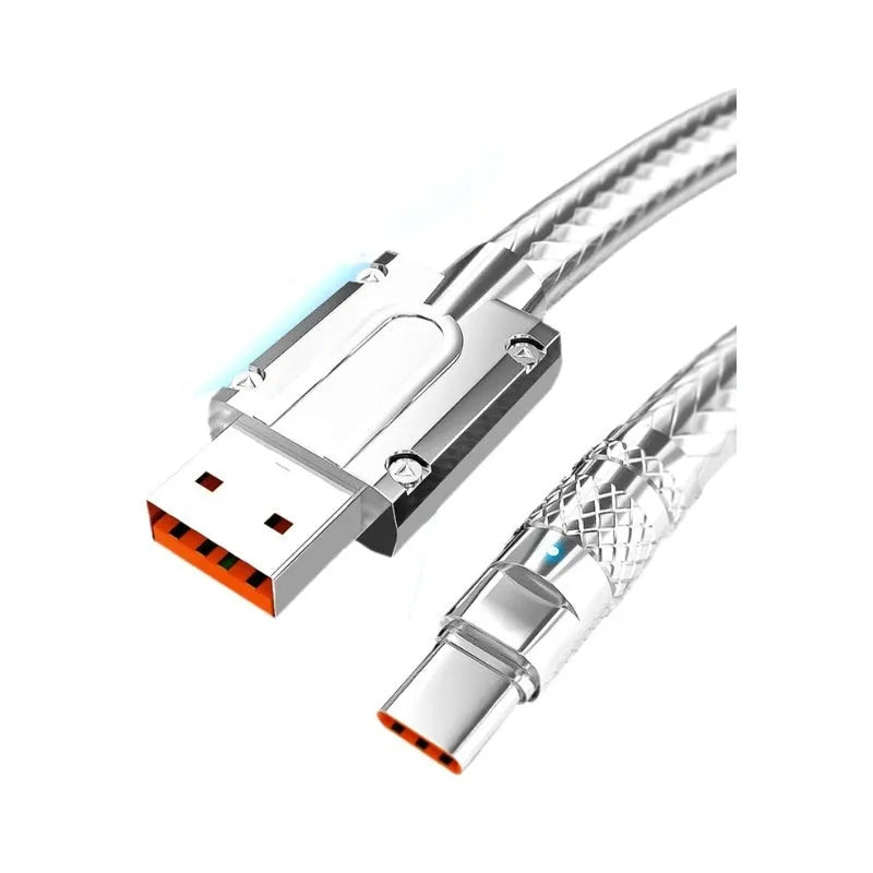 Silver grey woven USB C charging cable with Type-C connector, 6A fast charge, 1m or 1.5m length