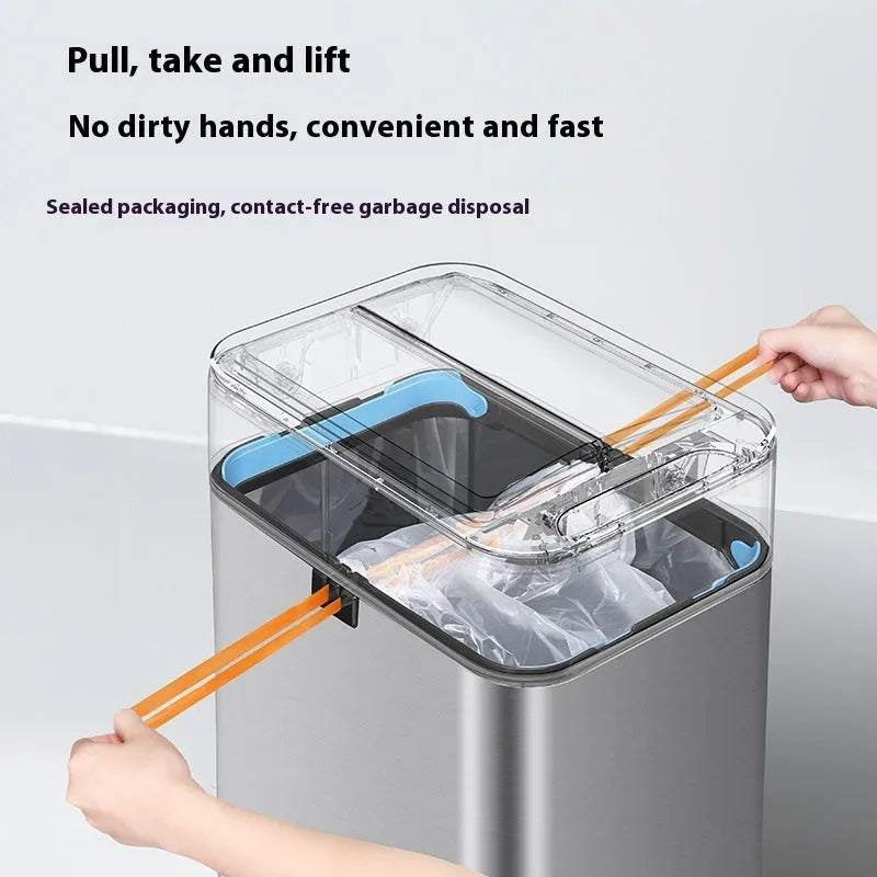 Stainless steel automatic sensor trash can with square bucket and deodorant function.