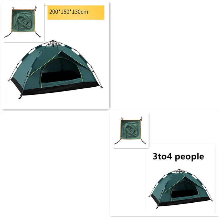 Automatic quick opening family camping tent for 3-4 people, waterproof, fibreglass poles, blue colour