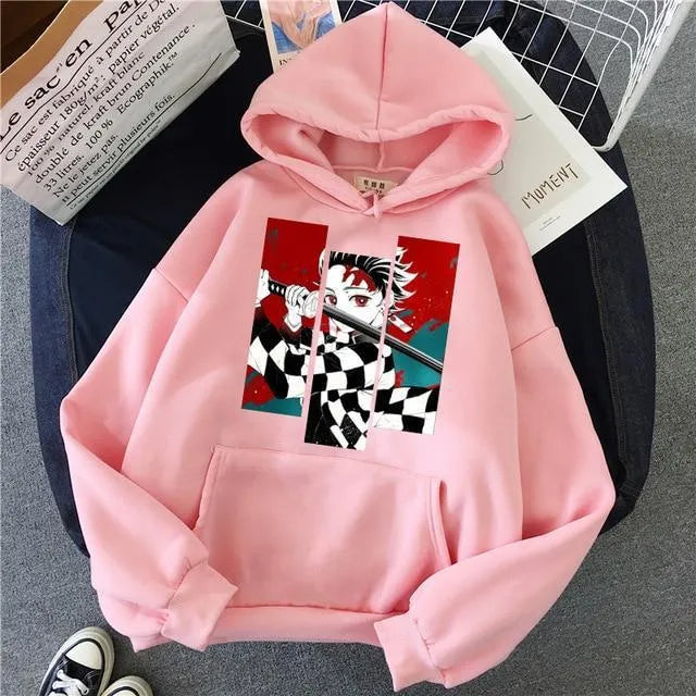 Anime print loose fit hooded sweatshirt in khaki for men and women, Harajuku street fashion style