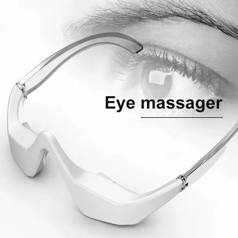 Pink and white micro-current eye massager with glasses-style design for wrinkle reduction and dark circle removal