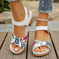 White women's high heel sandals with a Velcro strap buckle on a casual rubber sole.